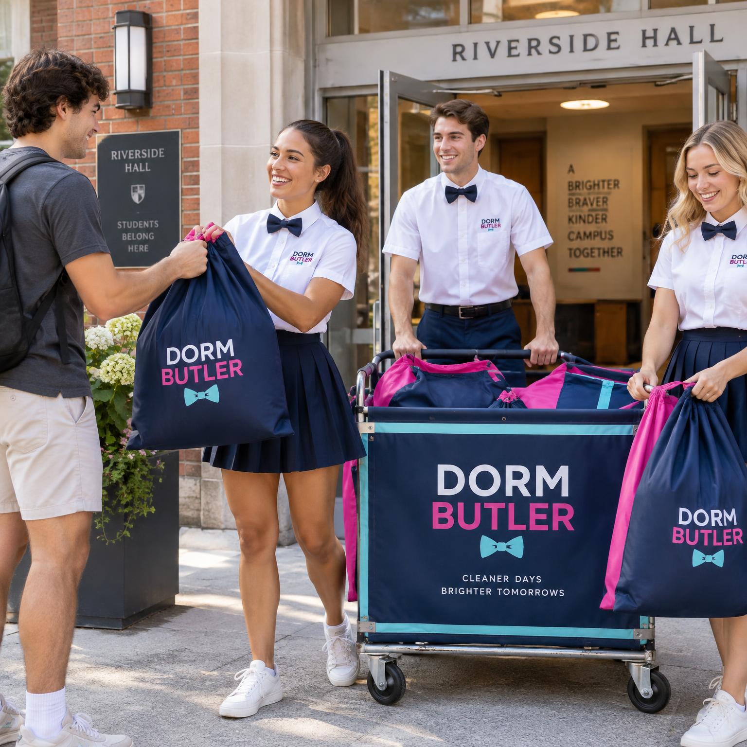 Dorm Butler team collecting branded laundry bags with a rolling cart outside a residence hall