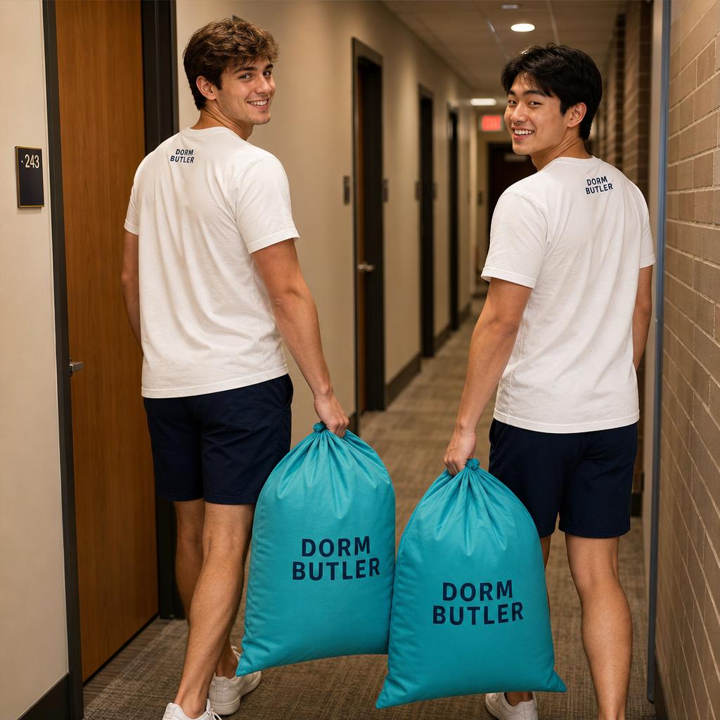 Dorm Butler staff carrying labeled laundry bags in a residence hall